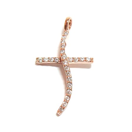 Rose Gold Plated Wavy Cross Pendant with Cubic Zirconias - Click Image to Close
